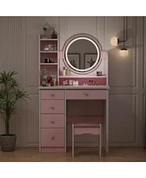 Famapy 5-Drawers Pink Wood Makeup Vanity Set Dressing Desk