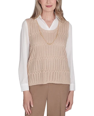 Alfred Dunner Petite Collared Layered-Look Necklace Sweater