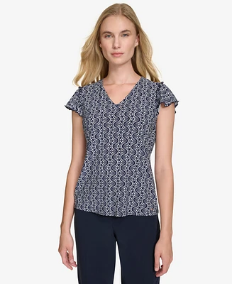 Tommy Hilfiger Women's Printed Flutter-Sleeve Top