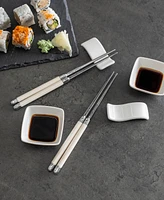 French Home Chopsticks with Faux Ivory Handles, Ceramic Rests and Sauce Bowls, Set of 2 Pairs