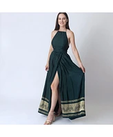 Raas Women's Green Silk Maxi Dress with Golden Weaving Border