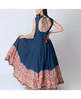 Raas Women's Blue Anarkali Suit with Hand Embroidery on the Torso and Patola Print Hem