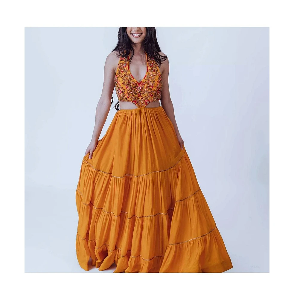 Raas Women's Hand Embroidered Tiered Yellow Gown with Cutouts