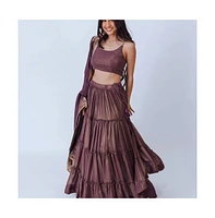 Raas Women's Brownish Purple Shimmer Tiered Lehenga Choli with Golden Accents