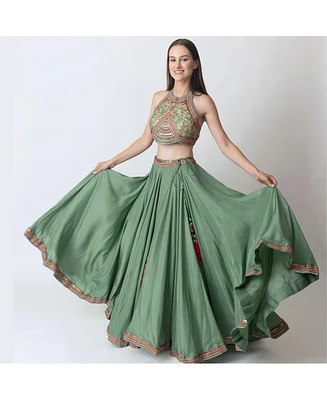 Raas Women's Pista Green Hand Embroidered Crop Top and Skirt Set with Floral Handwork