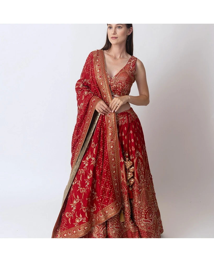 Raas Women's Hand Embroidered Red Banarasi Silk Lehenga Choli