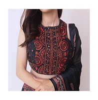 Raas Women's Black Lehenga with Ajrakh Print on the Hem and Hand Embroidered Blouse