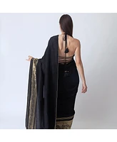 Raas Women's Black Silk Pre-Stitched Saree with Jacquard Weave Border and Hand Embroidered Blouse