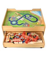 Sugift Children's Wooden Railway Set Table with 100 Pieces Storage Drawers