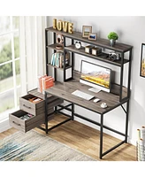 Tribesigns 55 Inch Computer Desk with 2 Drawers and Storage Shelves, Rustic Office Hutch, Study Writing Gaming Table Laptop Workstation for