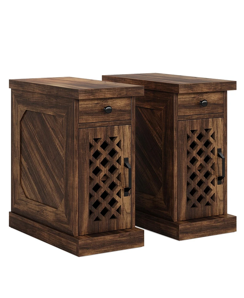 Tribesigns End Table Set of 2, Narrow Side Table with Drawer and Cabinet, Farmhouse Nightstand Sofa End Table for Small Space, Living Room, Bedroom, V