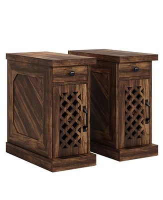 Tribesigns End Table Set of 2, Narrow Side Table with Drawer and Cabinet, Farmhouse Nightstand Sofa End Table for Small Space, Living Room, Bedroom, V