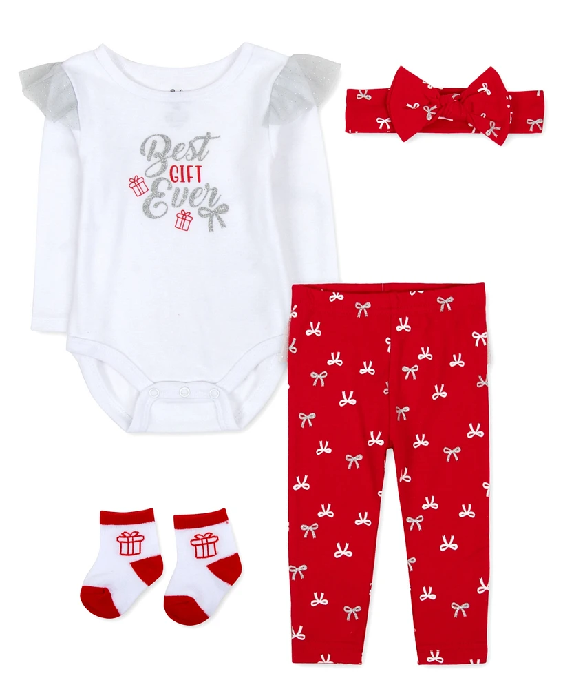 Baby Essentials Girl Best Gift Ever Bodysuit, Flare Pant, Headband & Sock, 4-Piece Set