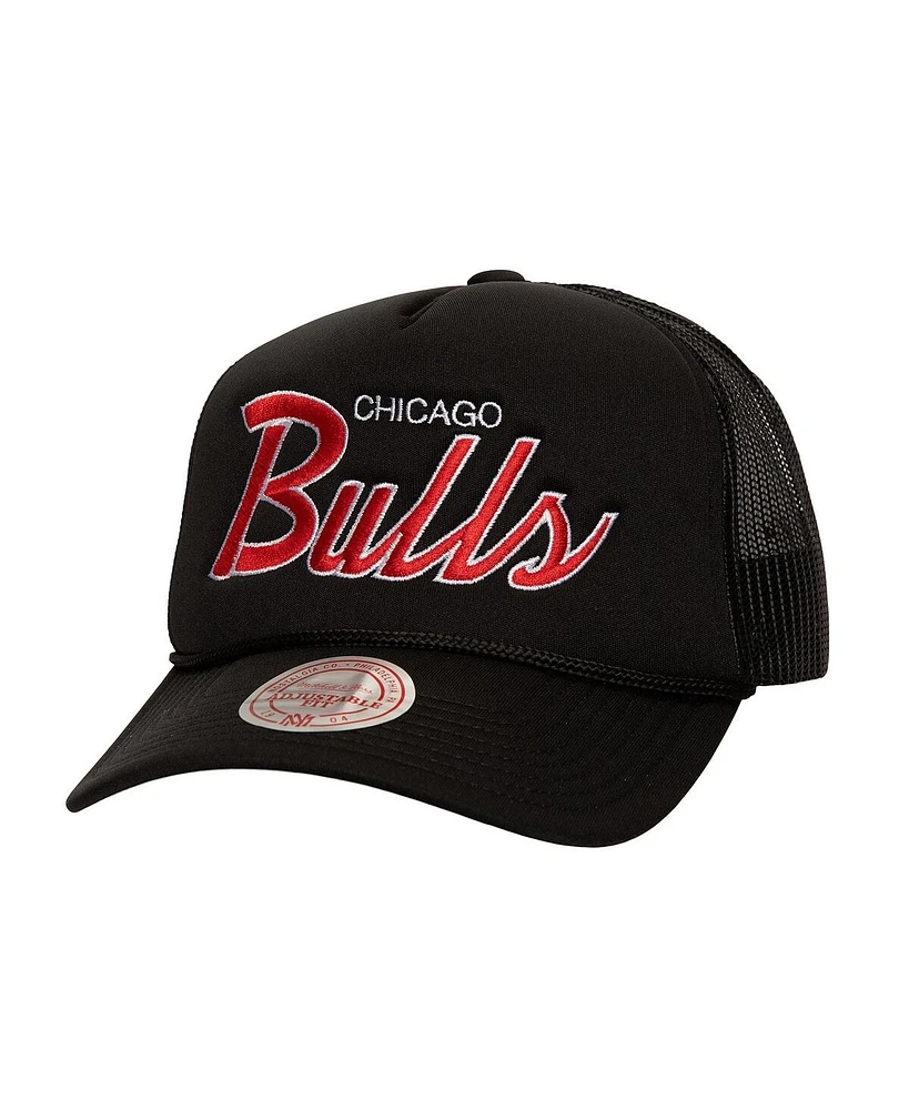 Mitchell & Ness Men's Black Chicago Bulls Script Sidepatch Trucker Adjustable Hat