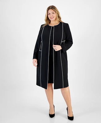 Kasper Plus Contrast-Tipped Collarless Long Jacket