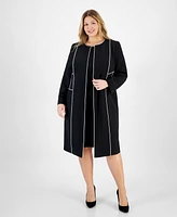 Kasper Plus Contrast-Tipped Collarless Long Jacket