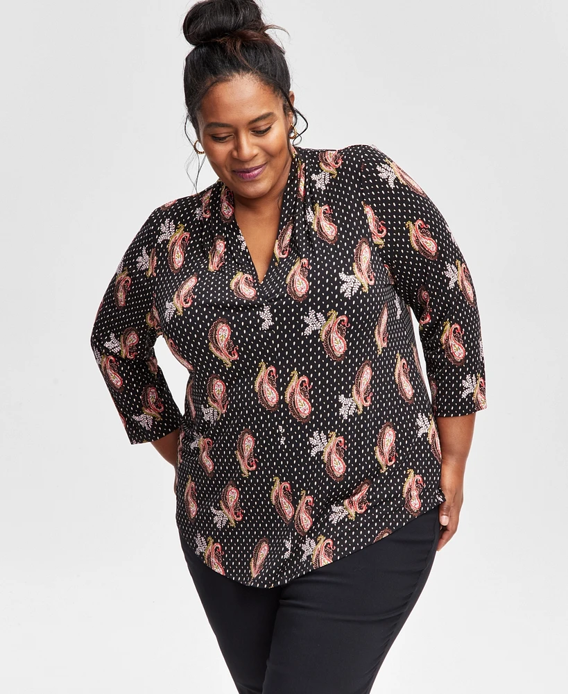 Jm Collection Plus Printed V-Neck 3/4-Sleeve Top, Exclusively at Macy's