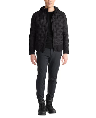 Tumi Men's Quilted Mixed-Media Full-Zip Hooded Jacket