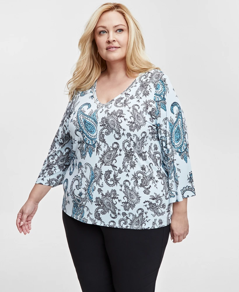 Jm Collection Plus Rhinestone-Trim Printed Top, Exclusively at Macy's
