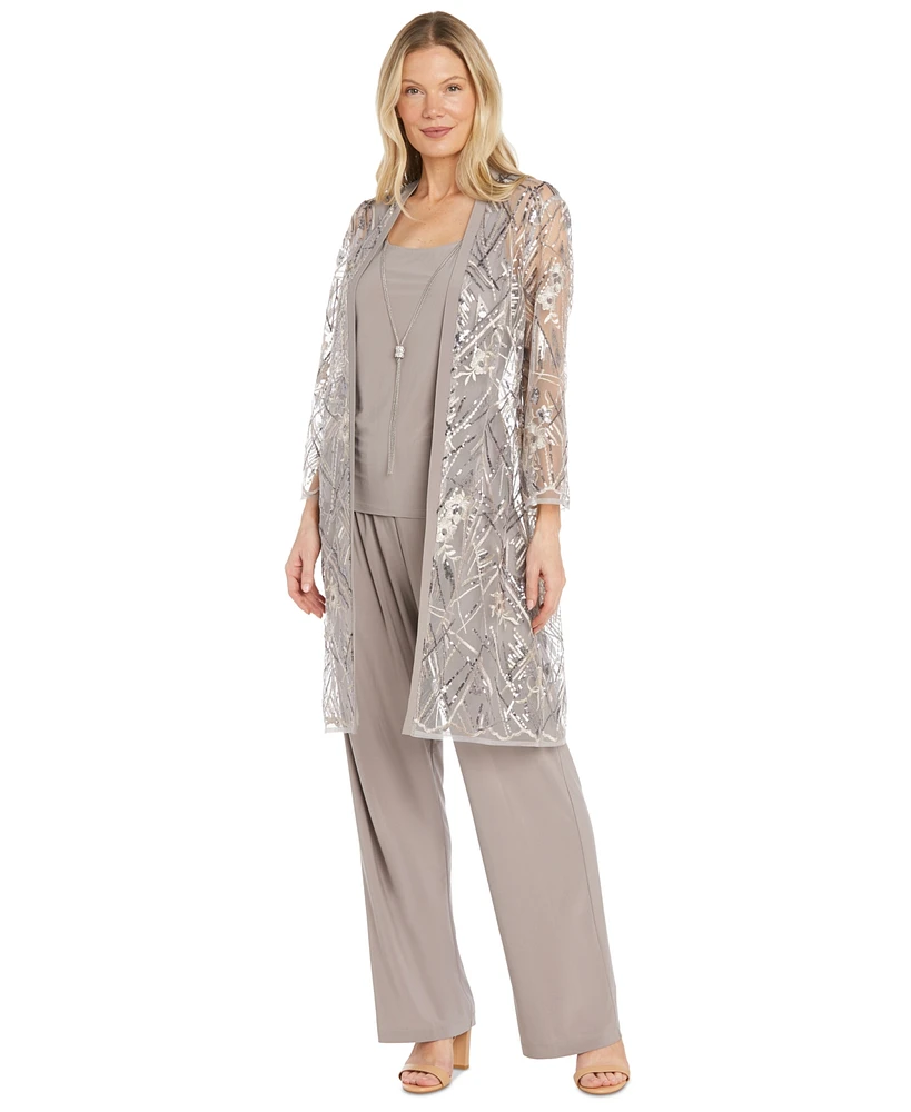 R & M Richards Women's Embellished Sheer Long Jacket, Sleeveless Top and Pants Set