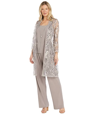 R & M Richards Women's Embellished Sheer Long Jacket, Sleeveless Top and Pants Set