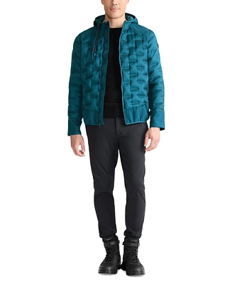Tumi Men's Quilted Mixed-Media Full-Zip Hooded Jacket