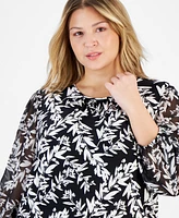 Kasper Plus Leaf-Print Shirred-Neck Blouse