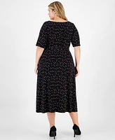 Kasper Plus Dot-Print Round-Neck Fit & Flare Dress