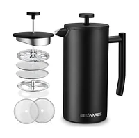 Belwares French Press Coffee Maker – Insulated Stainless Steel 304 Spoon, Double Wall, & 4 Level Filtration System