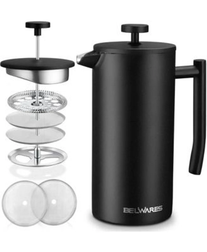 Belwares French Press Coffee Maker Insulated Coffee Press Stainless Steel 304 Coffee Spoon Double Wall 4 Level Filtration System