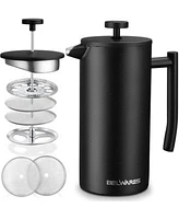 Belwares French Press Coffee Maker Insulated Coffee Press Stainless Steel 304 Coffee Spoon Double Wall 4 Level Filtration System