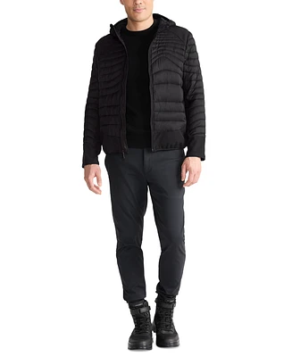 Tumi Men's Asymmetrical Quilted Mixed-Media Full-Zip Hooded Jacket