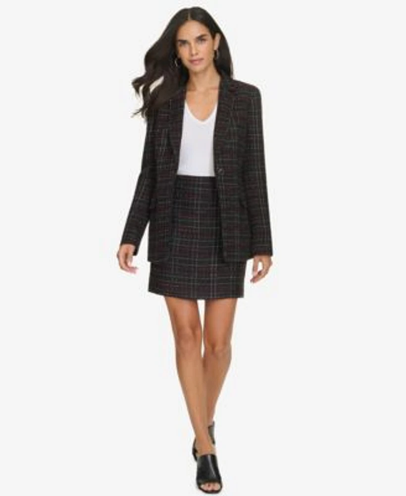 Calvin Klein Womens One Button Plaid Tweed Blazer Skirt