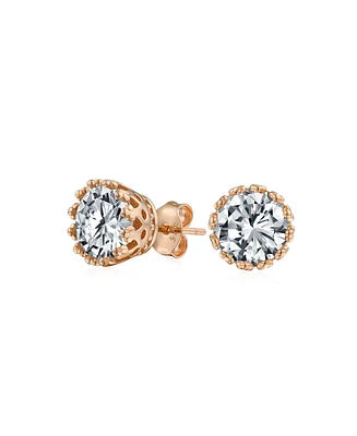 Bling Jewelry 1Ct Crown Set Cubic Zirconia Round Solitaire Cz Stud Earrings For Women 14K Rose Gold Plated Sterling Silver 7MM