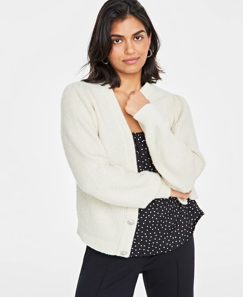 On 34th Women's Puff-Sleeve Jewel-Button Cardigan Sweater, Created for Macy's