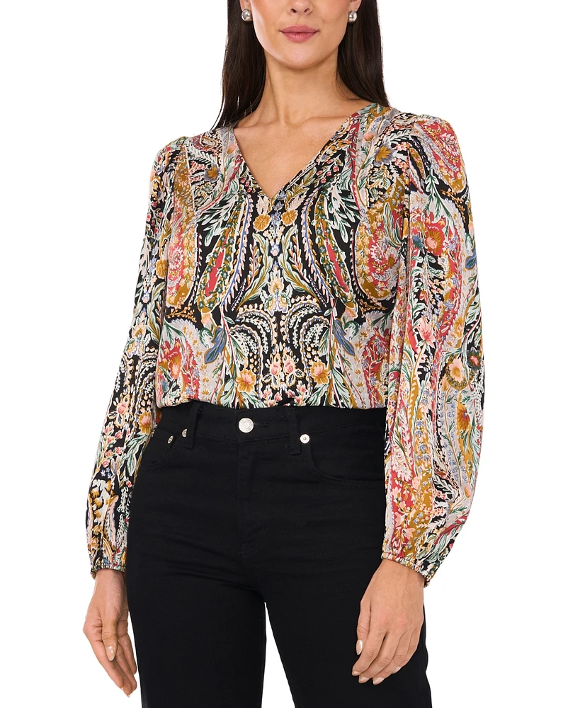 1.state Women's Paisley Print Blouson-Sleeve V-Neck Blouse