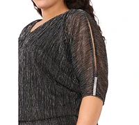 Msk Plus V-Neck Metallic-Threaded Split-Sleeve Top