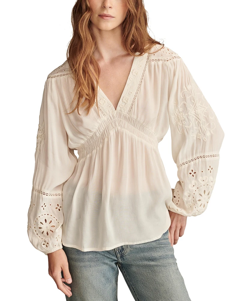 Lucky Brand Women's Cotton Smocked Embroidered Top