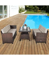 Sugift 3 Pieces Hand-Woven Rattan Outdoor Sofa Set with Dining Table