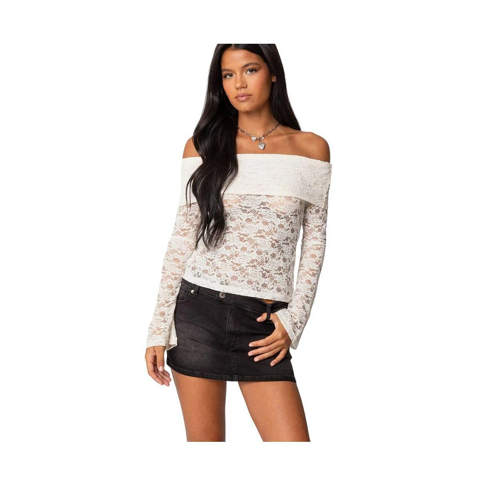 Edikted Women's Ashley Off Shoulder Sheer Lace Top