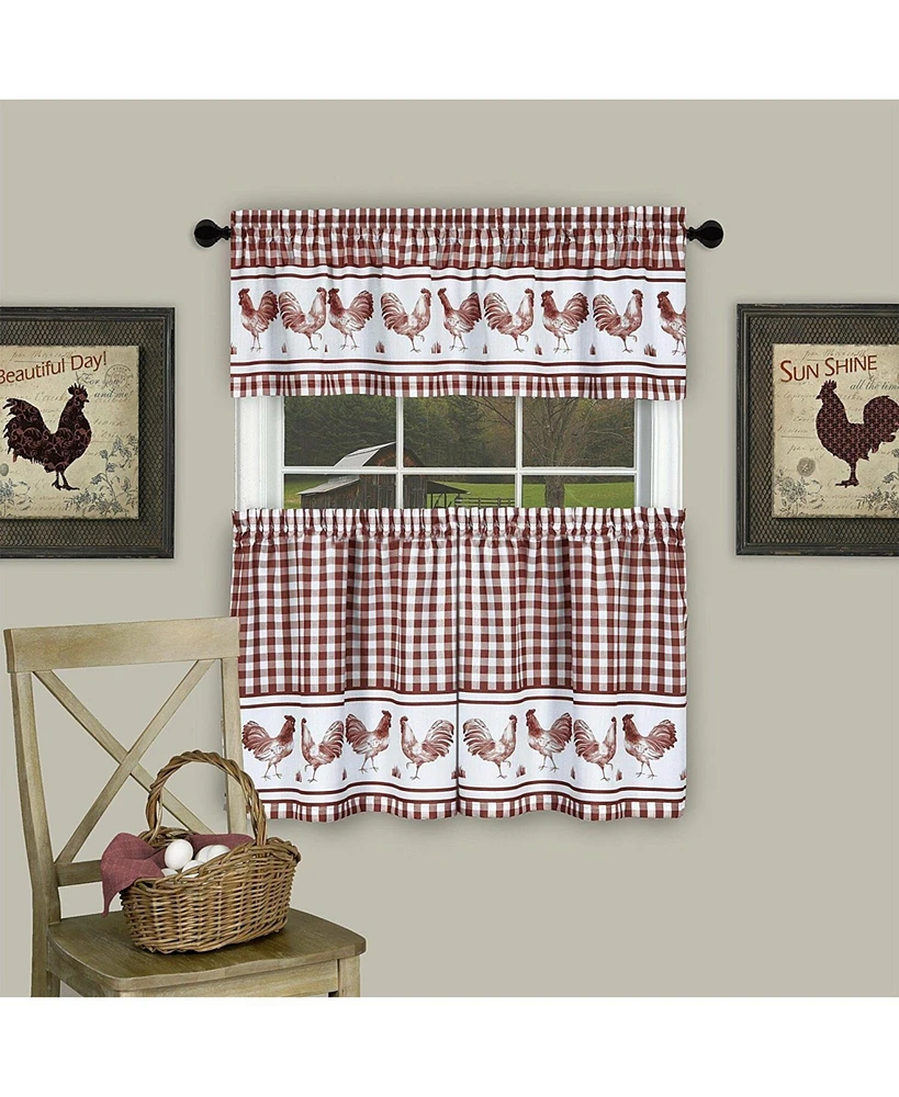 Kate Aurora Country Farmhouse Barnyard Plaid Rooster Kitchen Curtain Tier & Valance Set