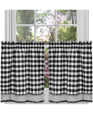 Kate Aurora 2 Piece Country Farmhouse Buffalo Plaid Rod Pocket Cafe Tier Curtain Panels With Macrame Border