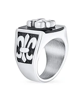 Bling Jewelry Black Fleur De Lis Square Signet Ring Silver Tone Stainless Steel