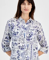 Charter Club Women's Ceramic-Print Linen Button-Up Shirt, Created for Macy's