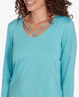 Ruby Rd. Petite V-Neck Solid Knit Top with Bead Detail