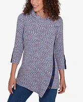 Ruby Rd. Petite Split Cowl Neck Speckled Chenille Asymmetric Knit Top with Solid Trim Detail