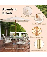 Sugift 10 Feet Patio Umbrella with 8 Wooden Ribs and 3 Adjustable Heights-Beige