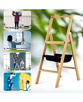 3 Step Foldable Bamboo Step Ladder Stool with Tool Storage Bag