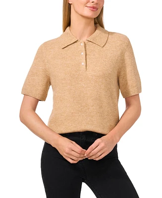 CeCe Women's Short Sleeve Polo Sweater with Cultivated Pearl Buttons