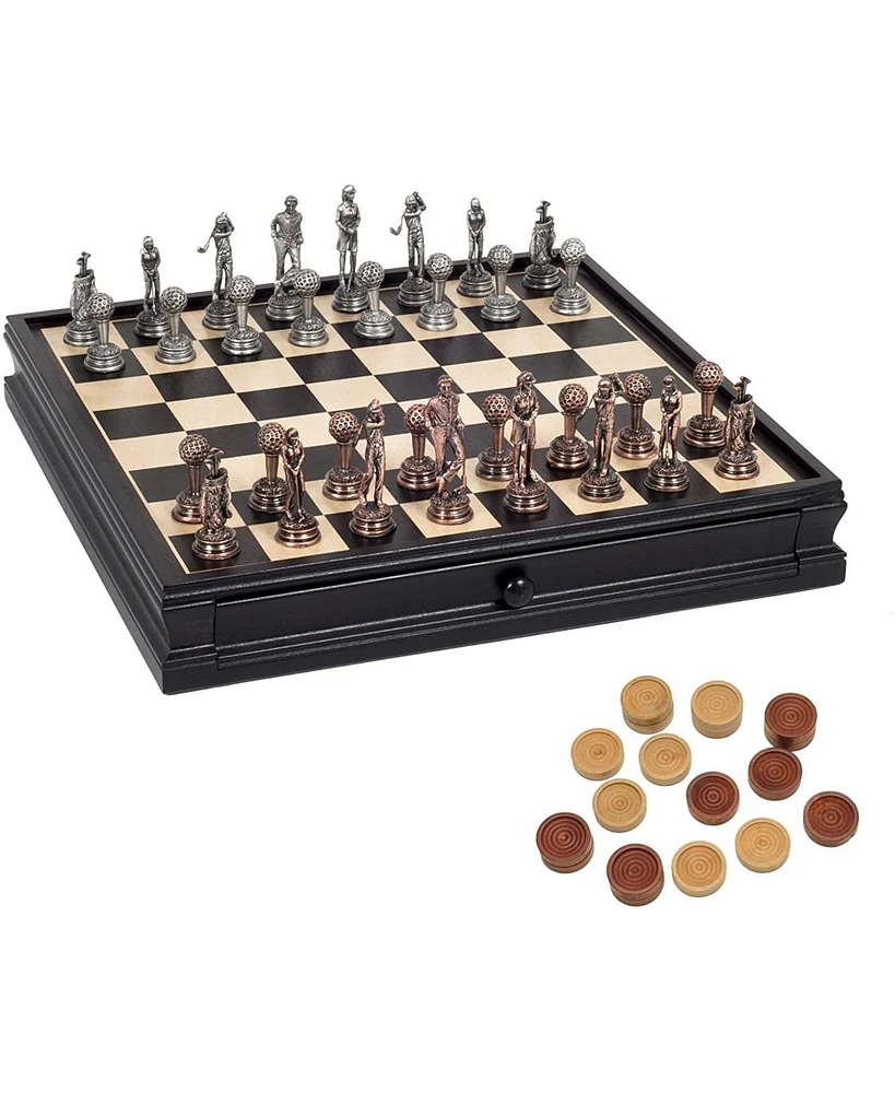 We Games Golf Chess & Checkers Game Set - Pewter Chessmen & Black Stained Wood Board with Storage Drawers 15 in.